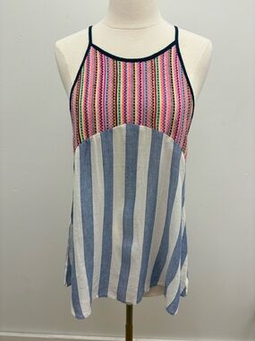 THML Multicolor Embroidered Halter Tank with Blue & White Stripes